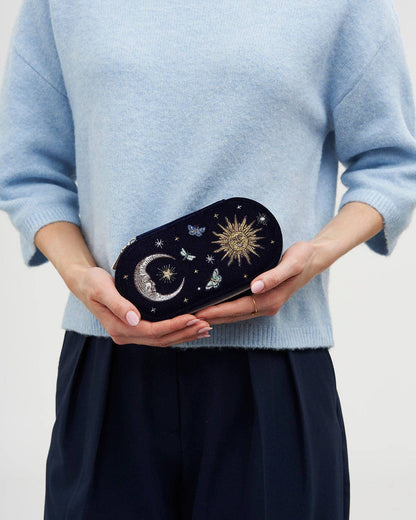 Night Sky Embroidered Oval Jewelry Box in Navy Velvet