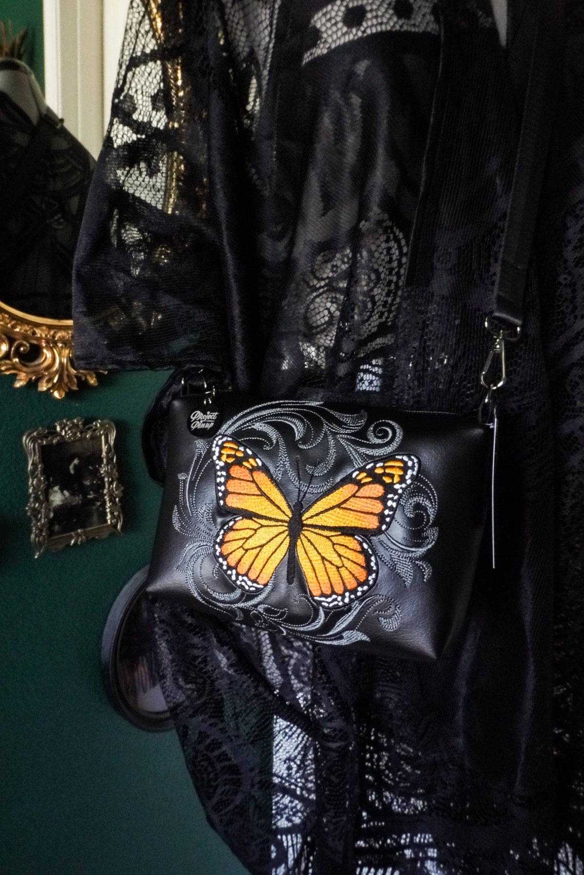 Baroque Monarch Butterfly Small Crossbody Bag – Handmade, Vegan Leather, Colorful Embroidery, Gunmetal Hardware