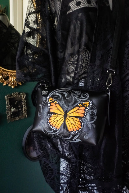 Baroque Monarch Butterfly Small Crossbody Bag – Handmade, Vegan Leather, Colorful Embroidery, Gunmetal Hardware