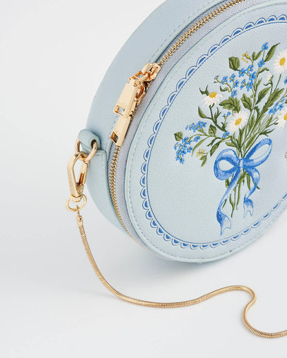 Floral Bow Blue Embroidered Circle Bag