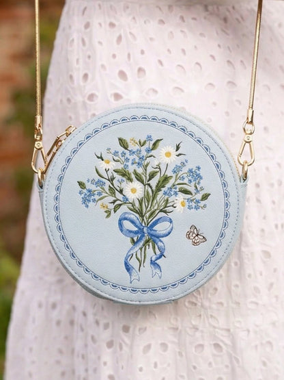 Floral Bow Blue Embroidered Circle Bag