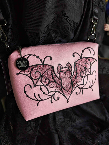 Light Pink Filigree Bat Embroidered Small Crossbody Bag – Handmade, Vegan Leather, Gunmetal Hardware