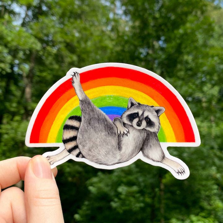 Rainbow Lounging Raccoon Pride Weatherproof Vinyl Sticker