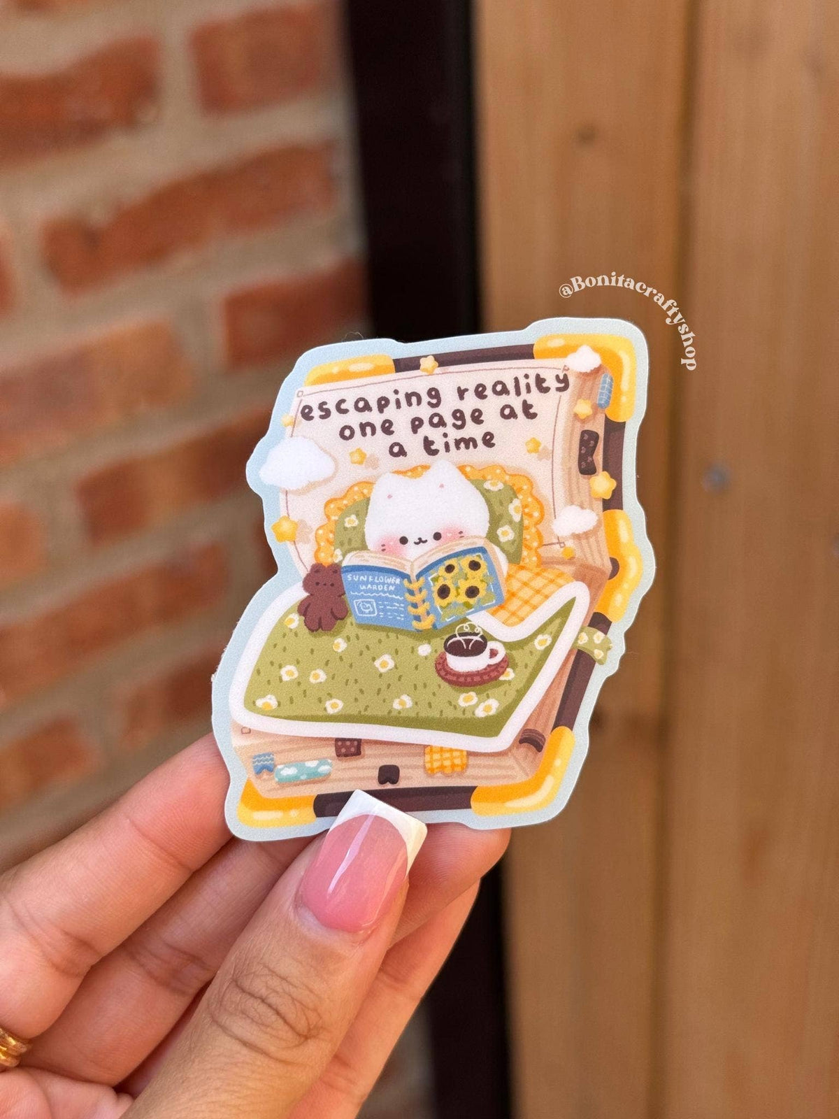 Cozy Kawaii Cat Reading Waterproof Matte Sticker