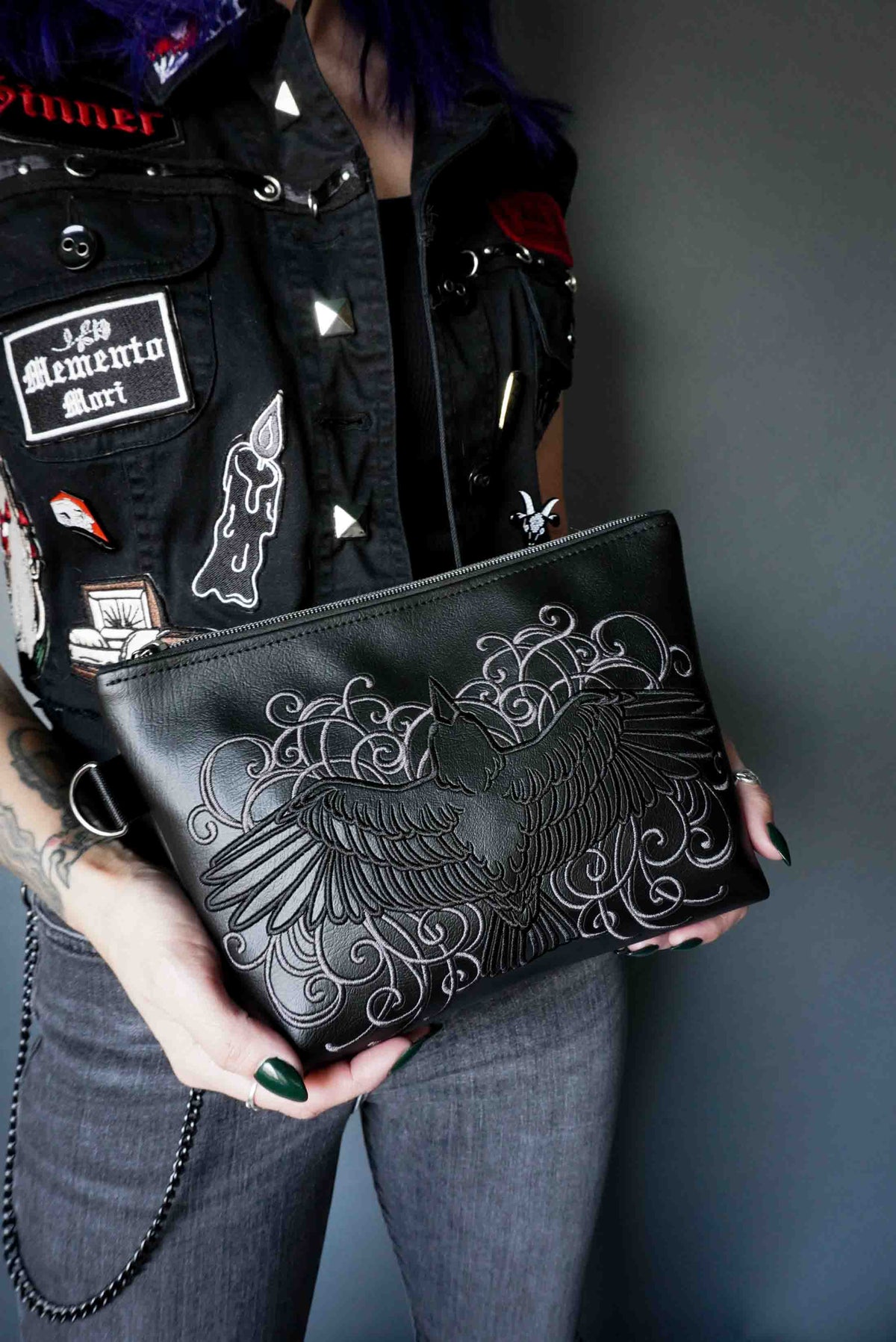 Filigree Raven Black Cosmetic Bag - Handmade, Vegan Leather, Gunmetal Hardware