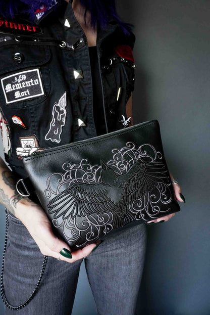 Filigree Raven Black Cosmetic Bag - Handmade, Vegan Leather, Gunmetal Hardware