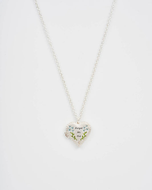 Floral "Forget Me Not" Heart Silver Locket Necklace