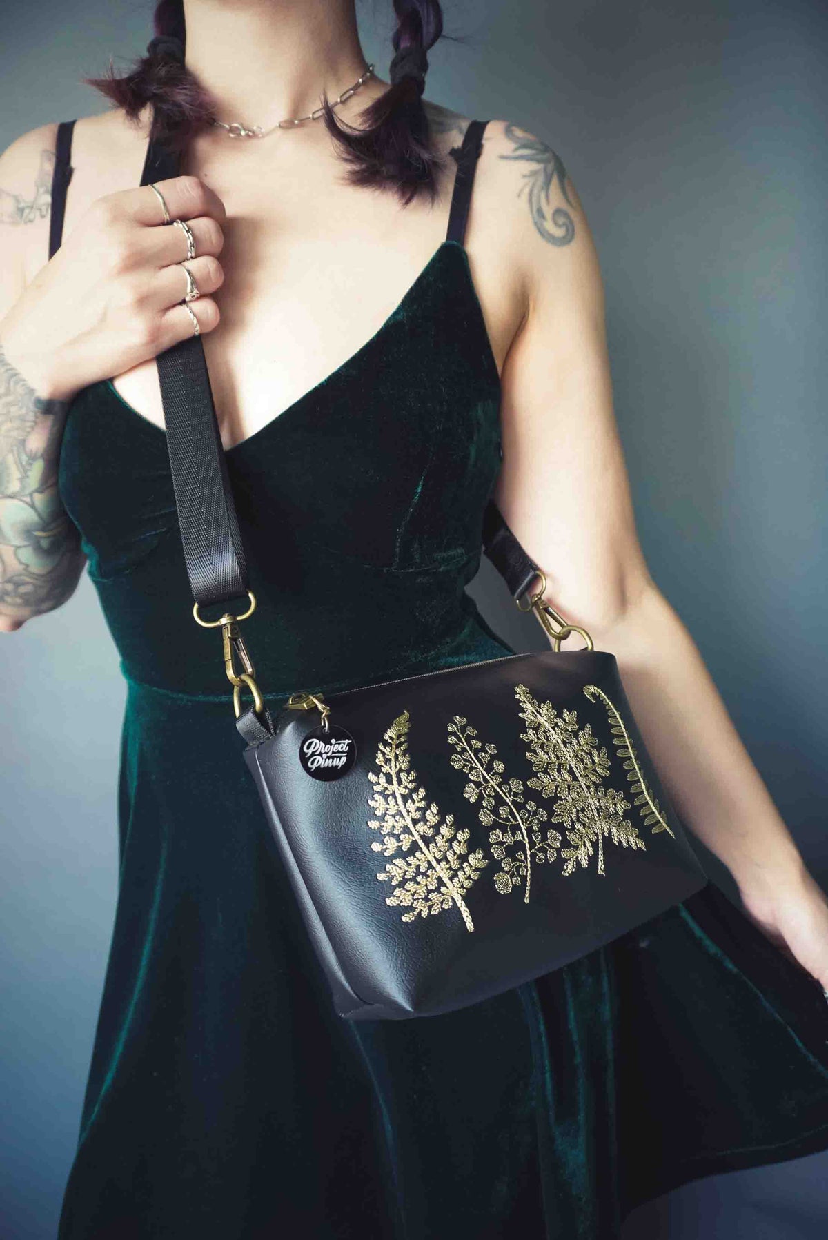 Black and Gold Forest Ferns Small Crossbody Bag – Handmade, Vegan Leather, Gold Embroidery, Brass Hardware