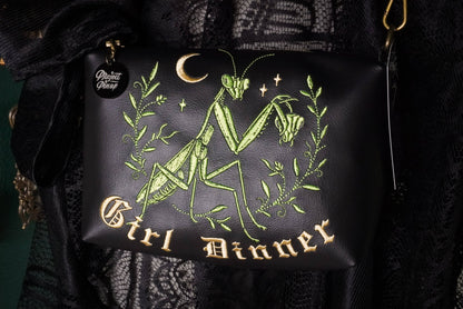 Girl Dinner Praying Mantis Black Small Crossbody Bag - Handmade, Vegan Leather, Embroidery, Brass Hardware