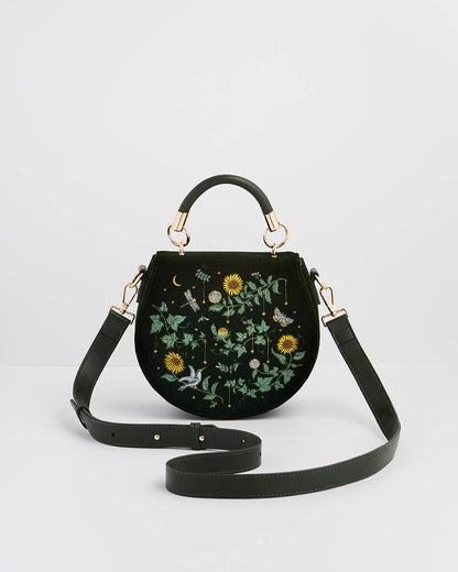 Sunflower Green Velvet Embroidered Top Handle Bag