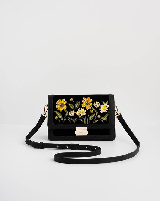 Botanical Black Velvet Embroidered Foldover Bag