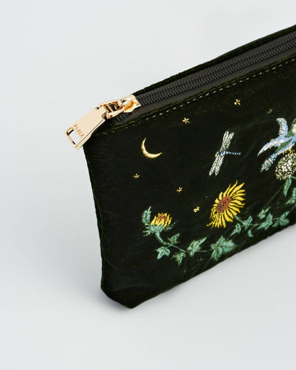Sunflower Green Velvet Embroidered Pouch