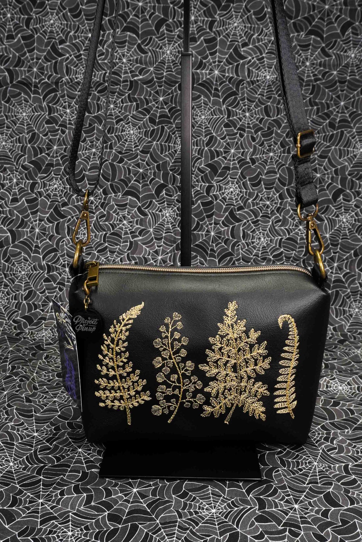 Black and Gold Forest Ferns Small Crossbody Bag – Handmade, Vegan Leather, Gold Embroidery, Brass Hardware