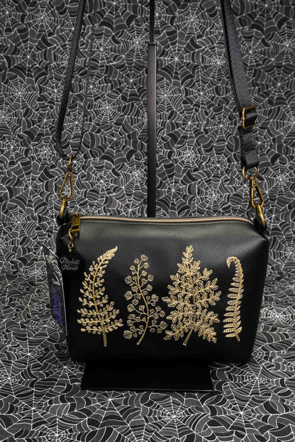 Black and Gold Forest Ferns Small Crossbody Bag – Handmade, Vegan Leather, Gold Embroidery, Brass Hardware