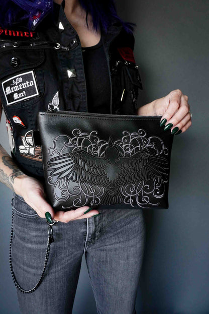 Filigree Raven Black Cosmetic Bag - Handmade, Vegan Leather, Gunmetal Hardware
