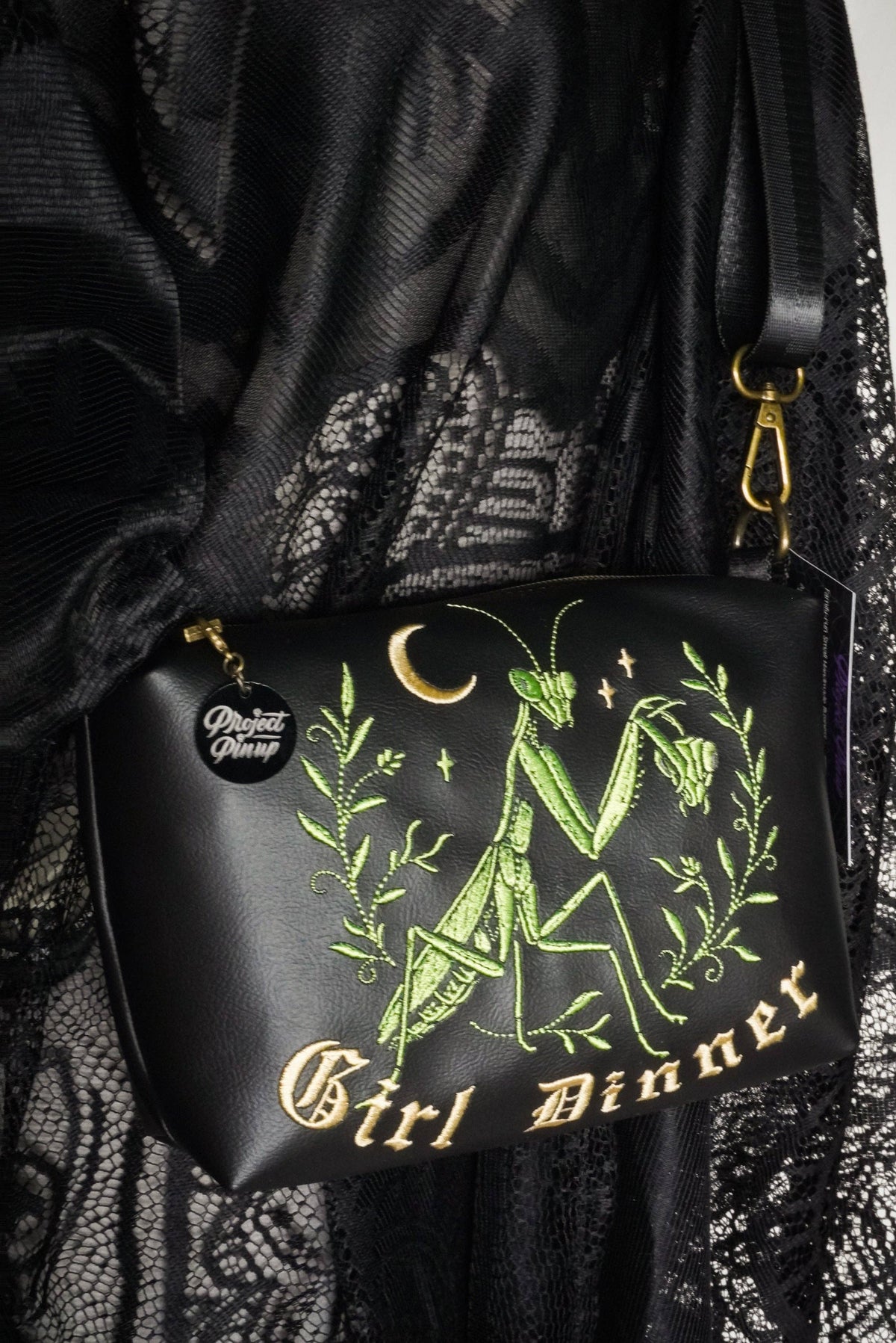 Girl Dinner Praying Mantis Black Small Crossbody Bag - Handmade, Vegan Leather, Embroidery, Brass Hardware