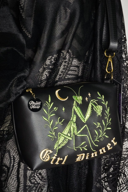 Girl Dinner Praying Mantis Black Small Crossbody Bag - Handmade, Vegan Leather, Embroidery, Brass Hardware