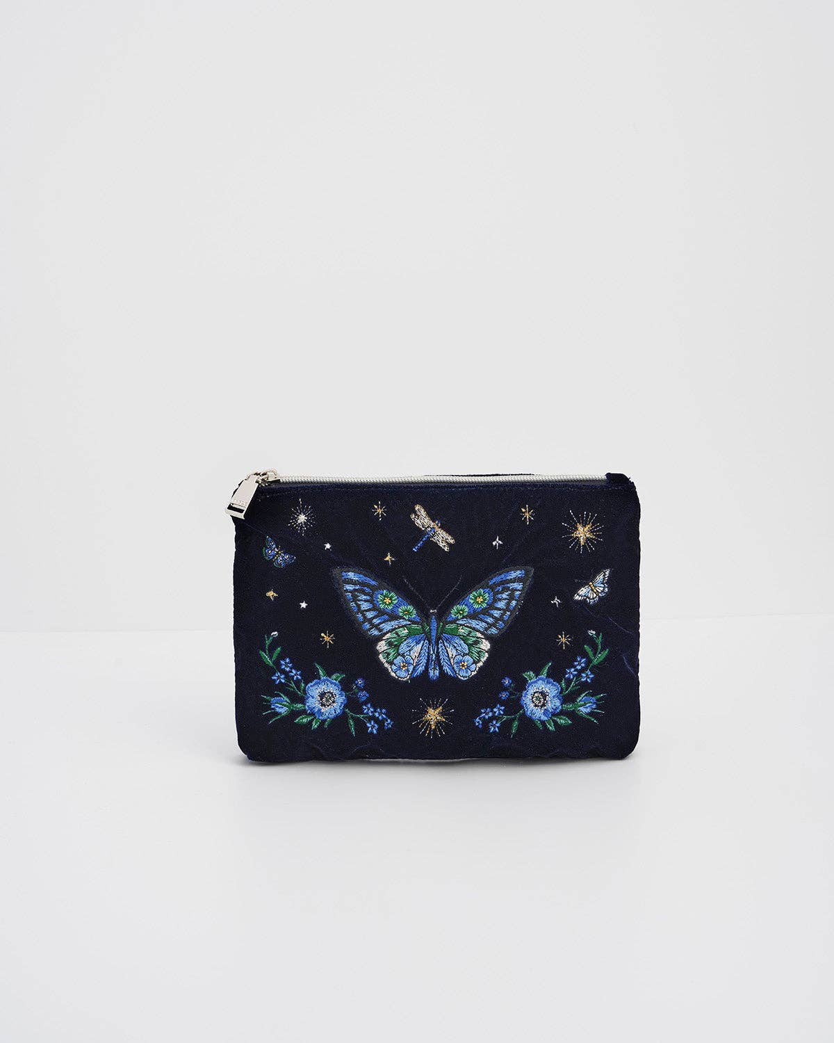 Butterfly Embroidered Pouch in Navy Velvet