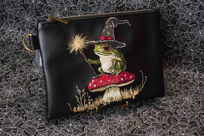 Frog Witch Black Flat Zip Pouch with Brass Hardware