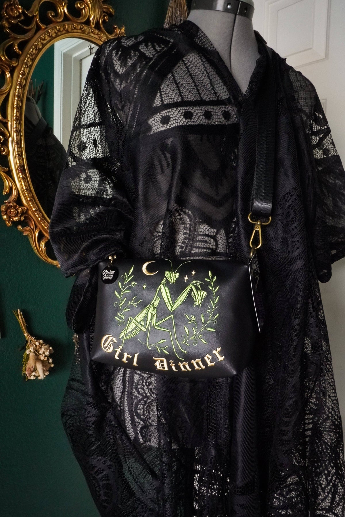 Girl Dinner Praying Mantis Black Small Crossbody Bag - Handmade, Vegan Leather, Embroidery, Brass Hardware