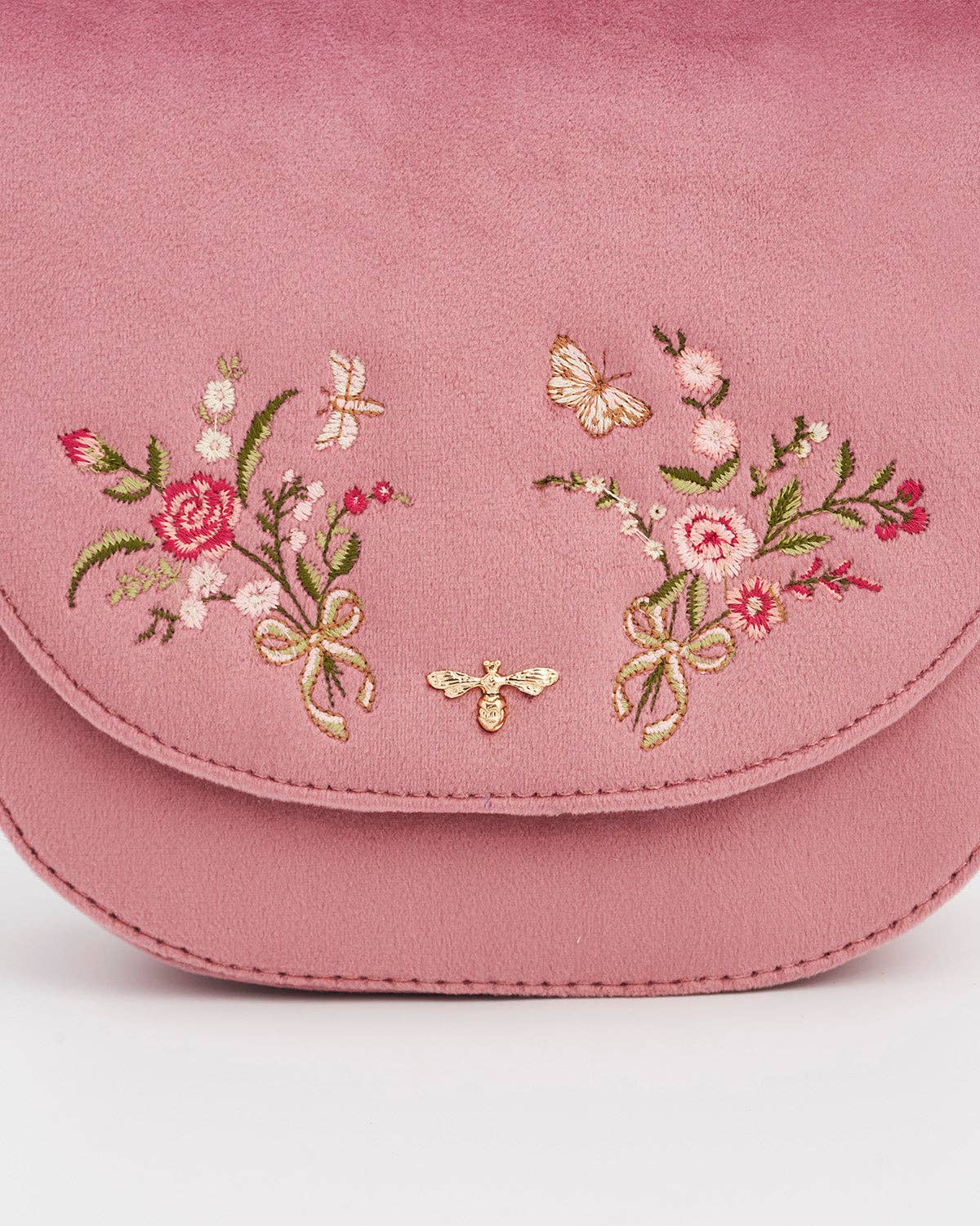 Beth Floral Posy Embroidered Saddle Bag in Rose Pink Velvet