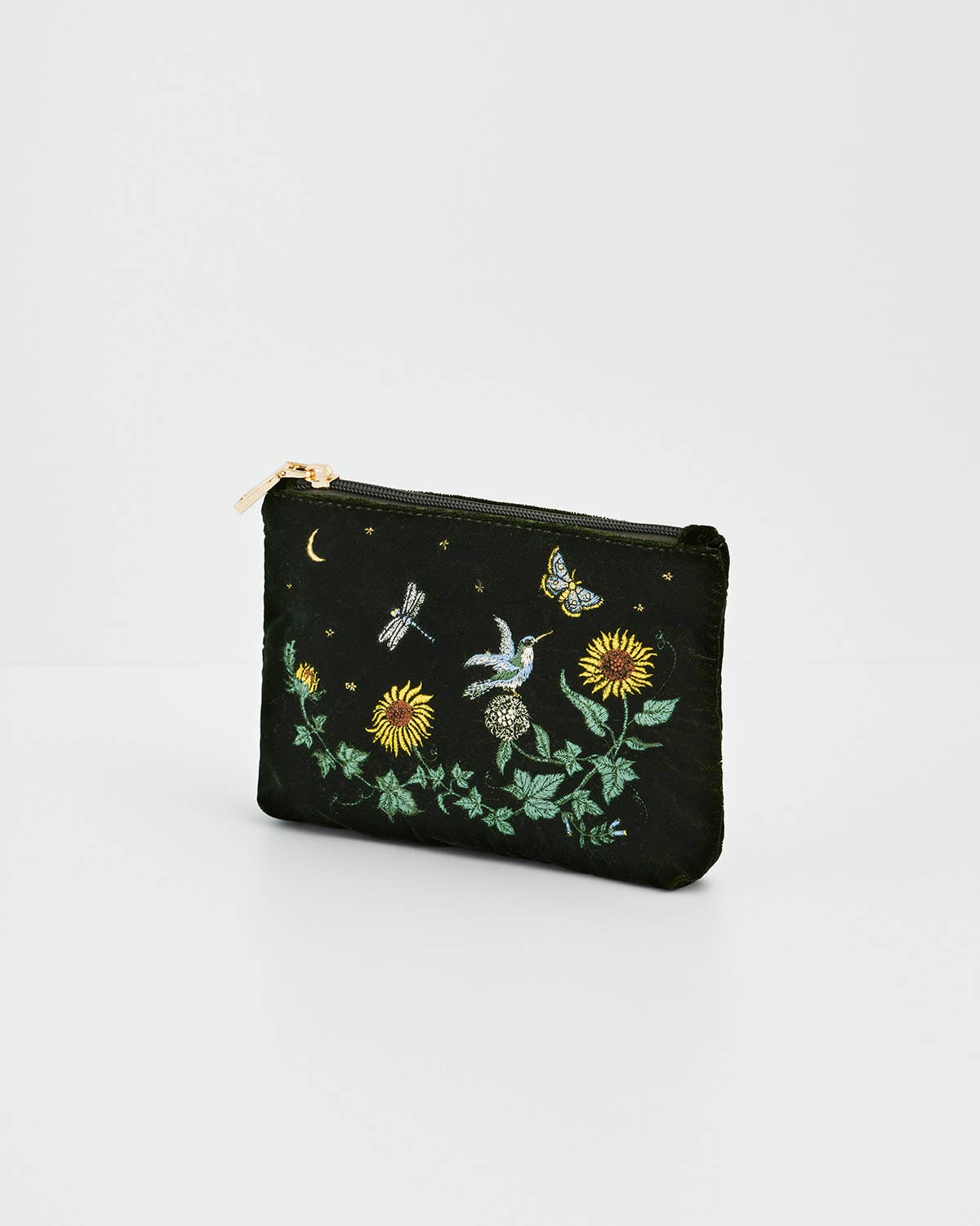 Sunflower Green Velvet Embroidered Pouch
