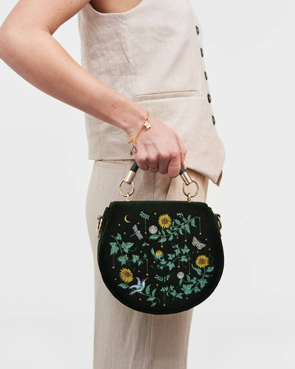 Sunflower Green Velvet Embroidered Top Handle Bag