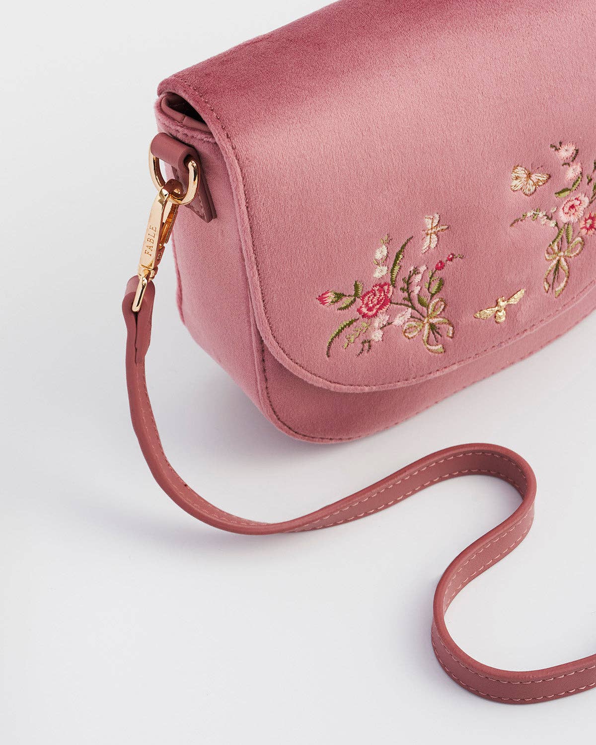 Beth Floral Posy Embroidered Saddle Bag in Rose Pink Velvet