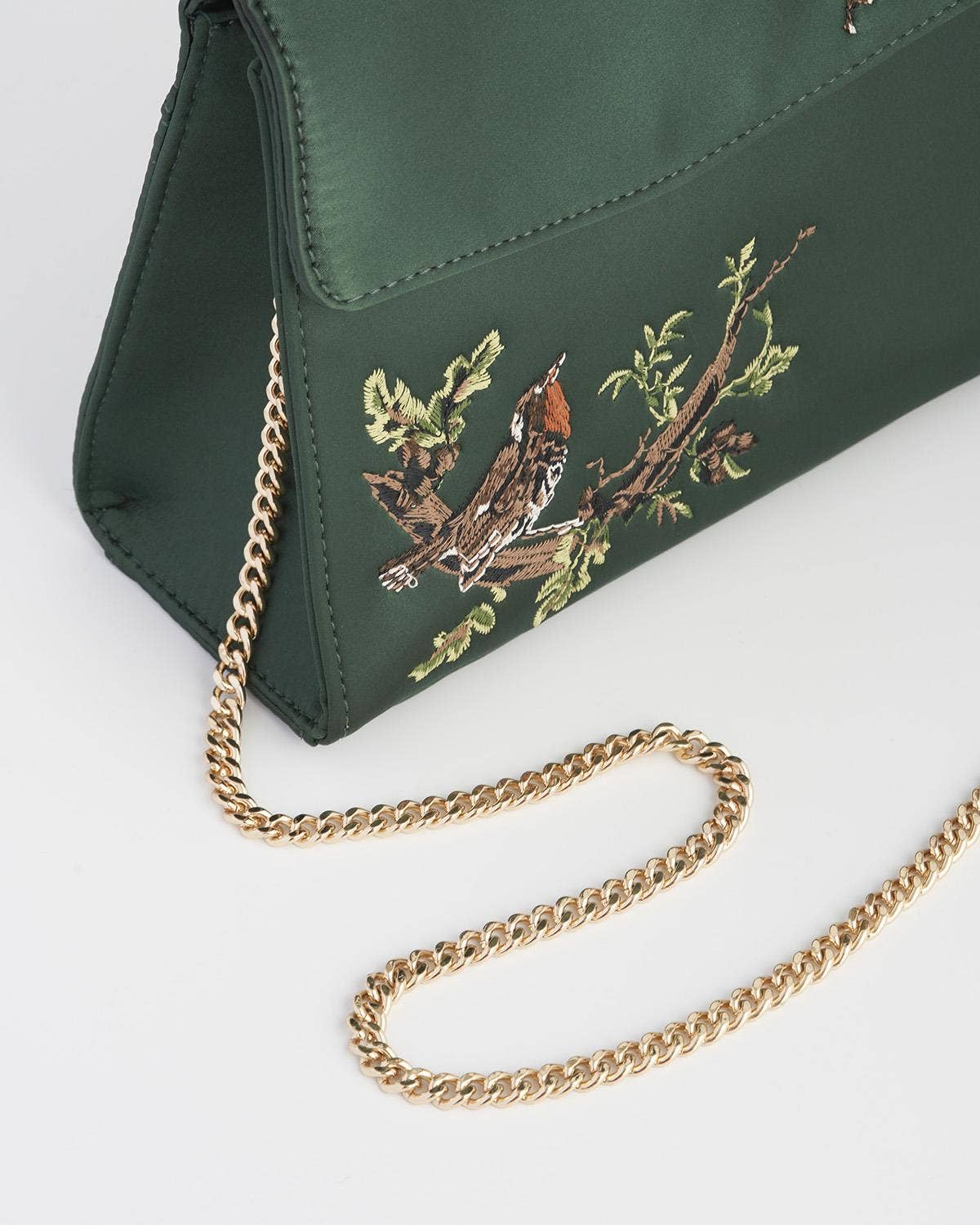 FABLE Robin Love Embroidered Green Satin Tote