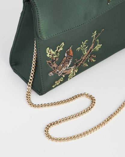FABLE Robin Love Embroidered Green Satin Tote