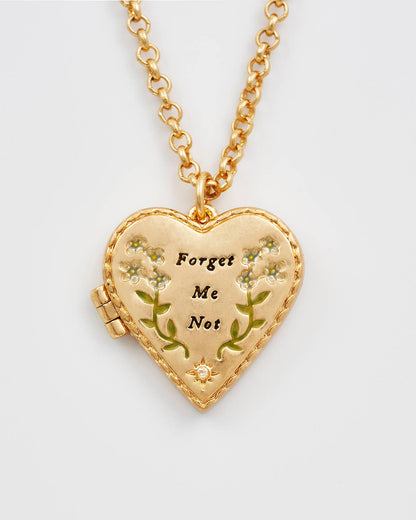 Floral "Forget Me Not" Heart Gold Locket Necklace
