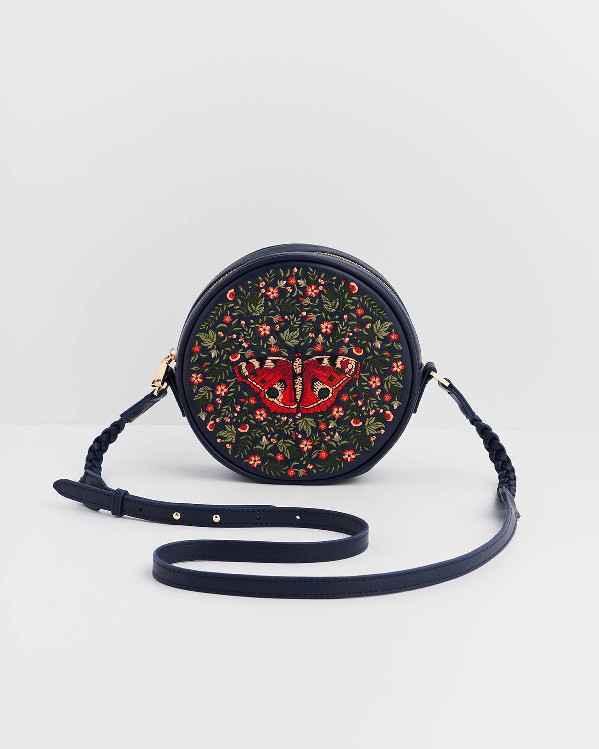 Red Admiral Moth - Navy Embroidered Circle Bag