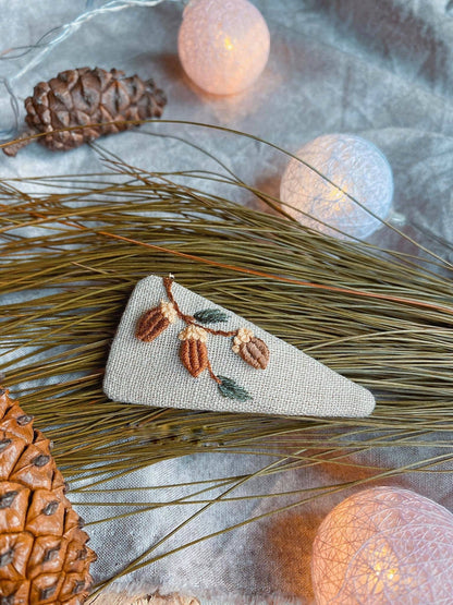 Wreath & Nuts Embroidered Hair Barrette, Christmas & Autumn