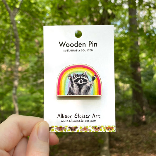 Rainbow Raccoon Wooden Pin  (Sustainably Sourced)