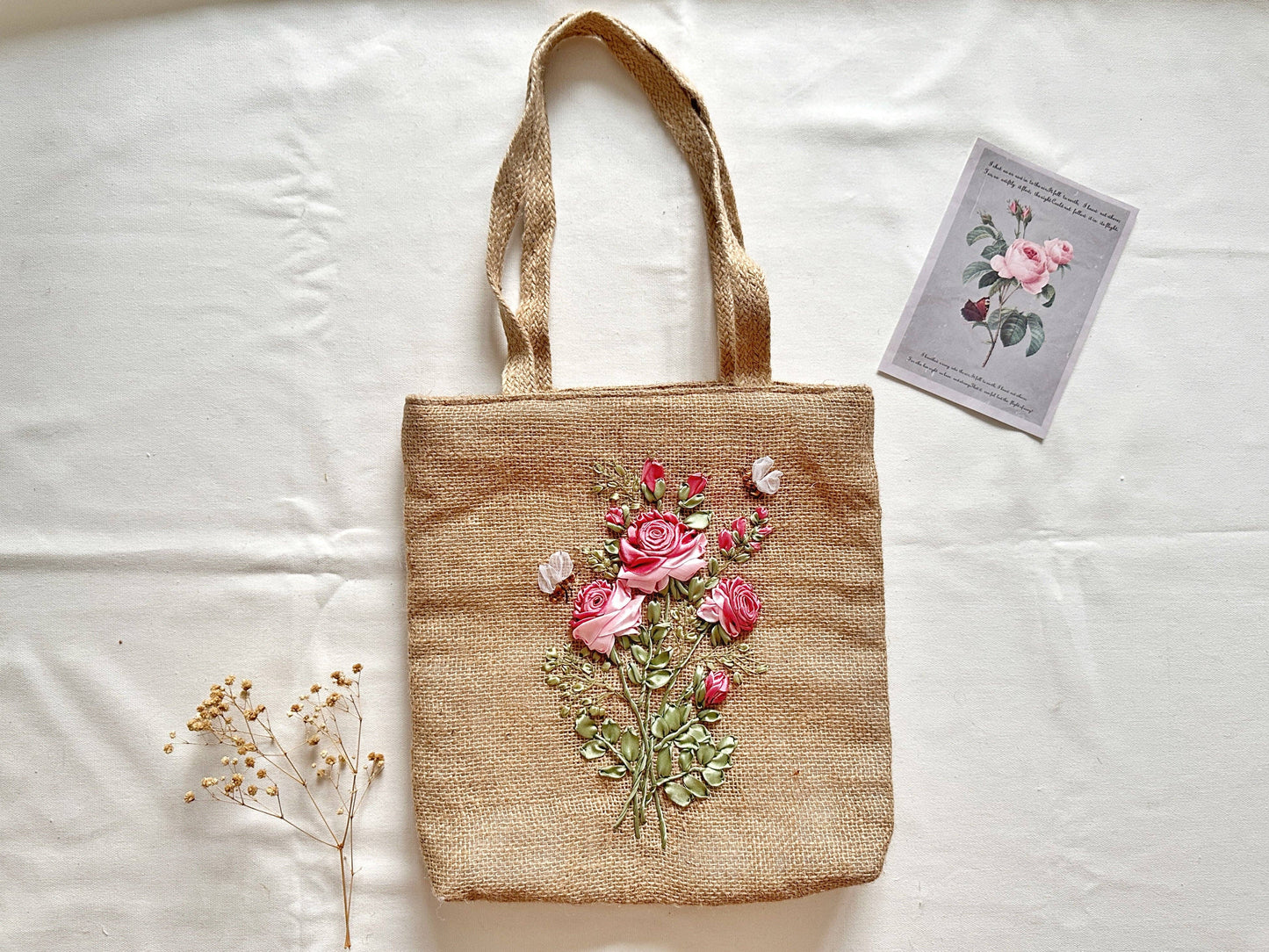 Ribbon Embroidered Rose Jute Tote Bag