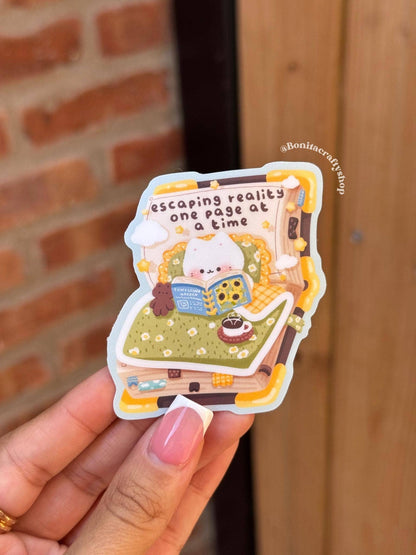 Cozy Kawaii Cat Reading Waterproof Matte Sticker
