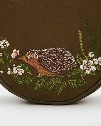 Chloe Hedgehog Embroidered Circle Bag in Khaki Suedette