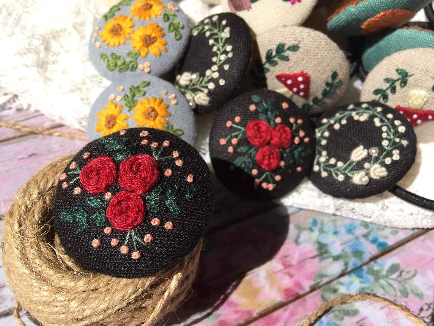 Embroidered Button Hair Tie