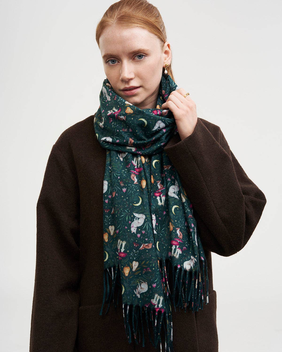 Niva Long Fringed Scarf in Forest Green