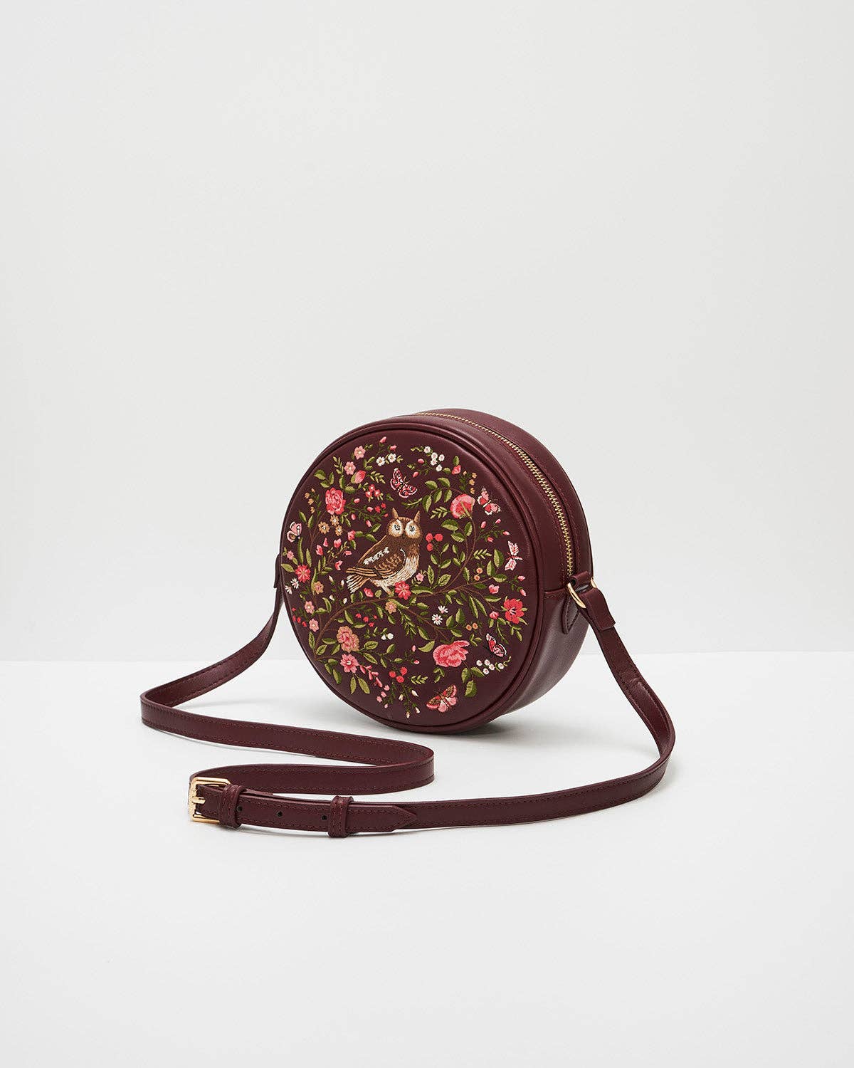 Chloe Owl Embroidered Circle Bag in Burgundy