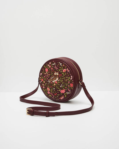 Chloe Owl Embroidered Circle Bag in Burgundy