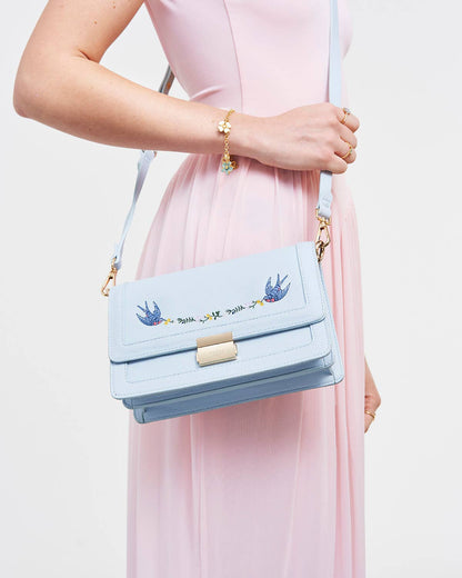 Bird Blue Embroidered Foldover Bag