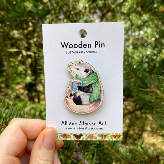 Cozy Opossum in Scarf Wooden Pin (Sustainably Sourced)