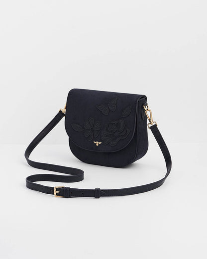 Beth Floral Applique Saddle Bag in Navy Suedette