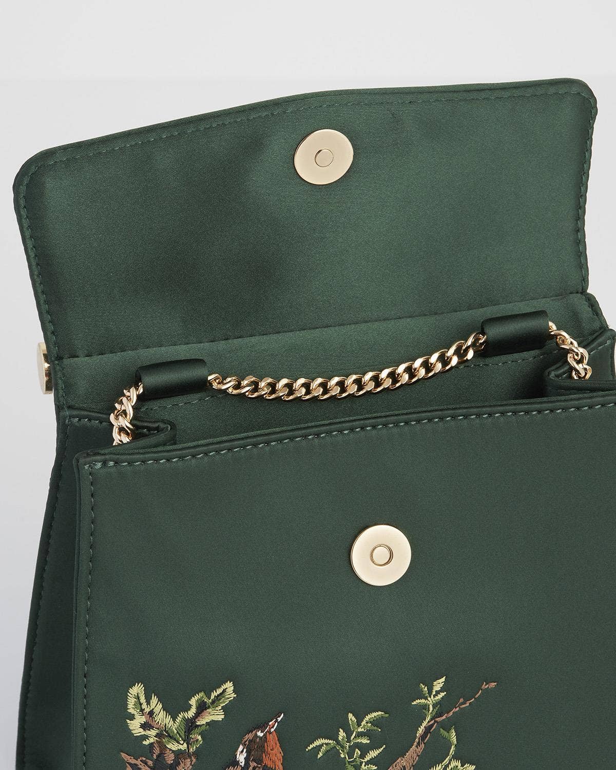 FABLE Robin Love Embroidered Green Satin Tote