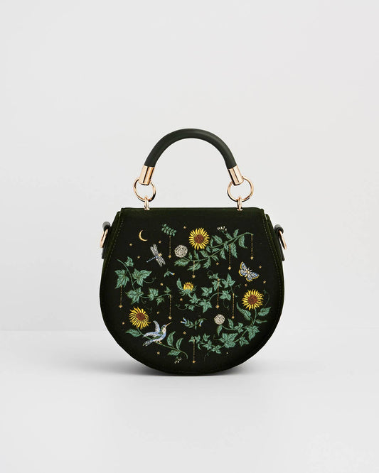 Sunflower Green Velvet Embroidered Top Handle Bag