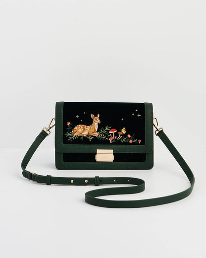 Fawn Embroidered Green Crossbody Bag