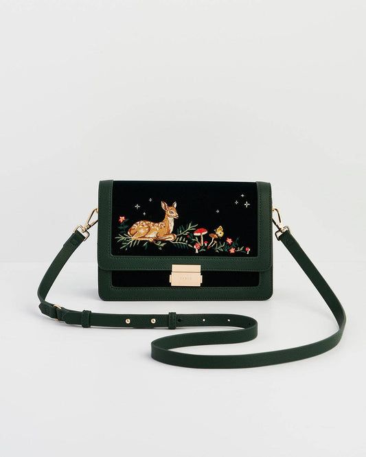 Fawn Embroidered Green Crossbody Bag