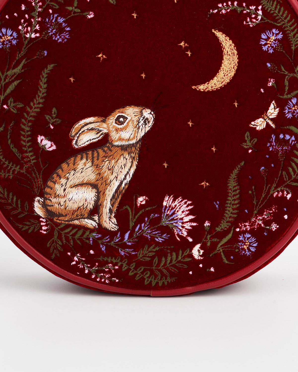 Star Gazing Rabbit Red Embroidered Circle Bag