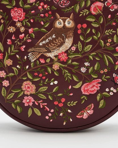 Chloe Owl Embroidered Circle Bag in Burgundy